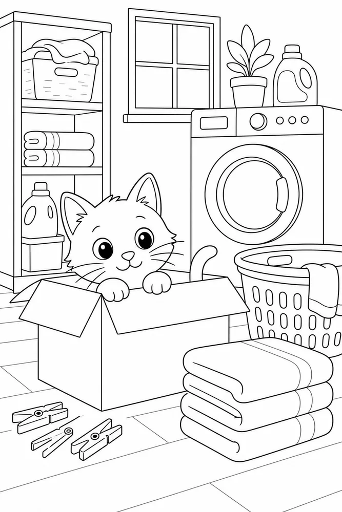 Cat peeking from a cardboard box near folded laundry coloring page
