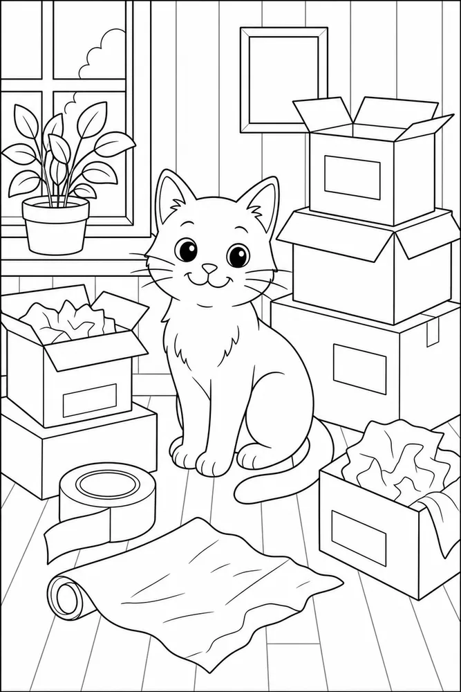 Cat sitting among moving boxes coloring page