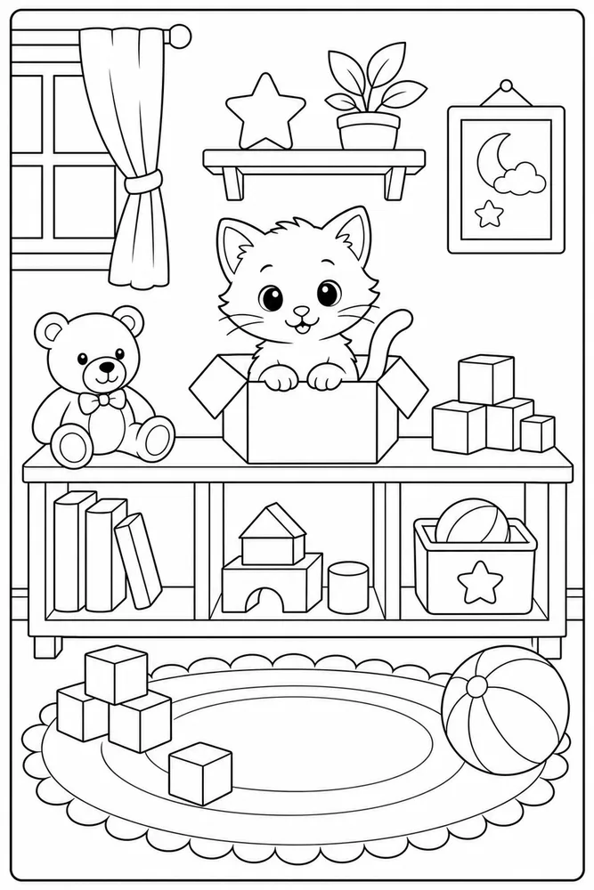 Kitten in a cardboard box on a nursery shelf coloring page