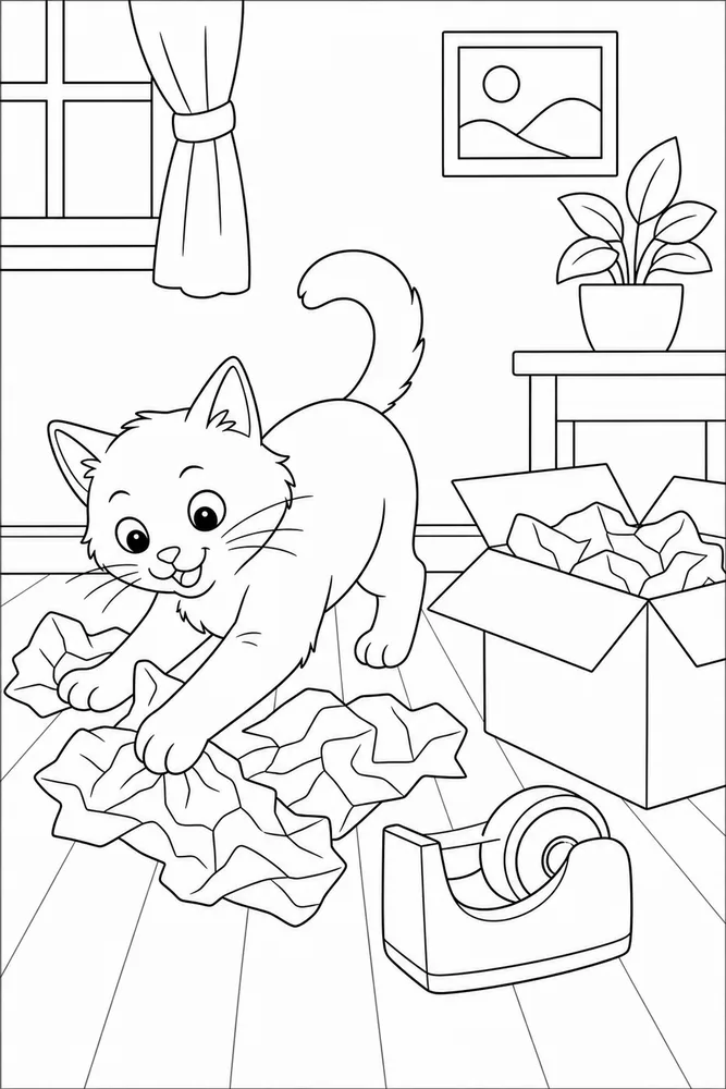 Cat playing with packing paper beside a box coloring page