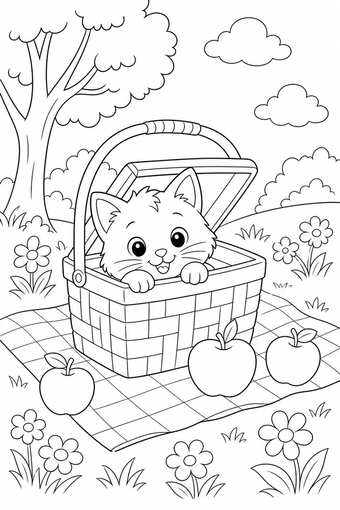 Cat peeking from a picnic box coloring page
