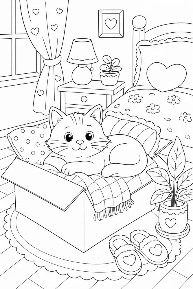 Cat resting in a pillow-filled cardboard box coloring page