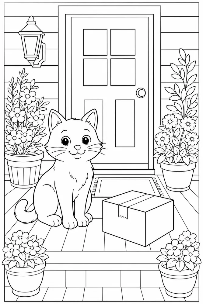Cat beside a porch package box coloring page