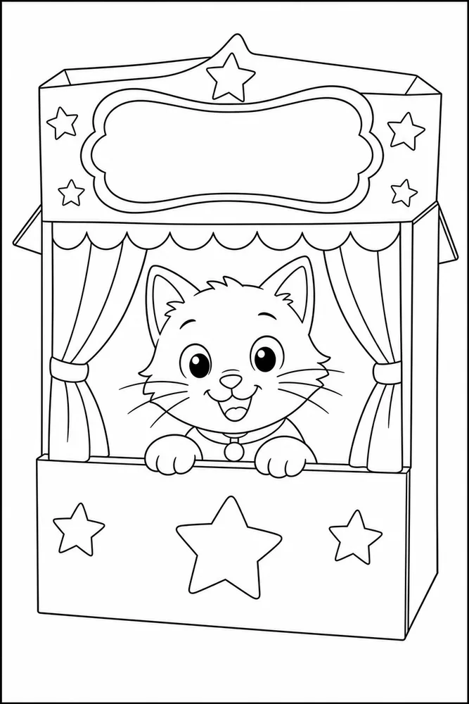Cat in a cardboard puppet theater coloring page