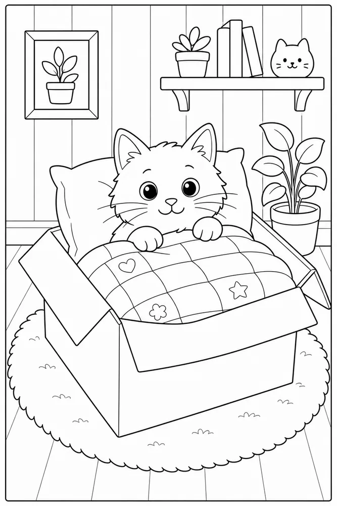 Cat tucked in a cardboard box with a quilt coloring page