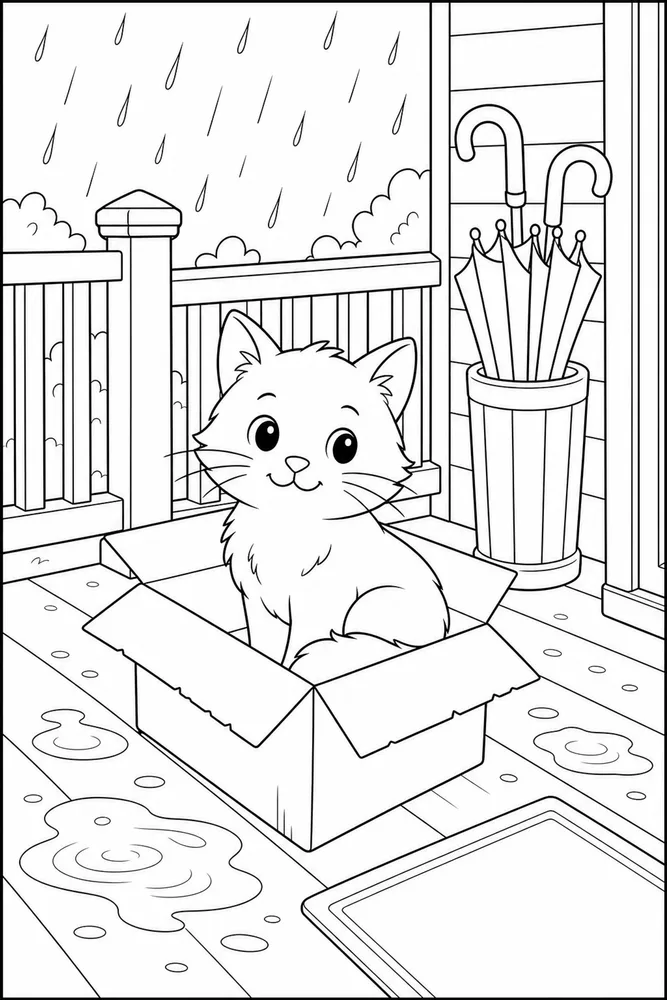 Cat in a cardboard box on a rainy porch coloring page
