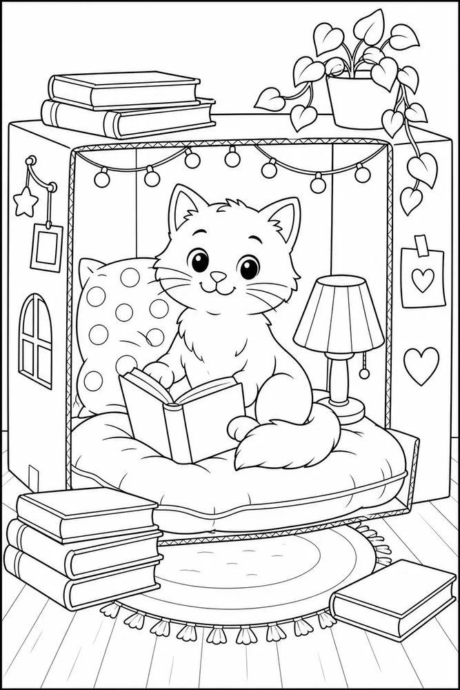 Cat in a cardboard reading box with books coloring page