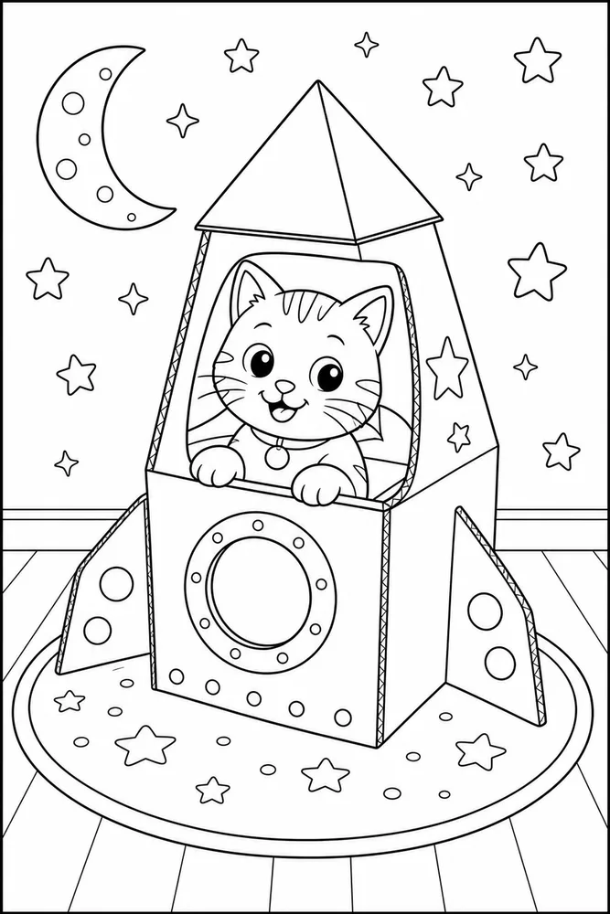 Cat in a cardboard rocket ship coloring page