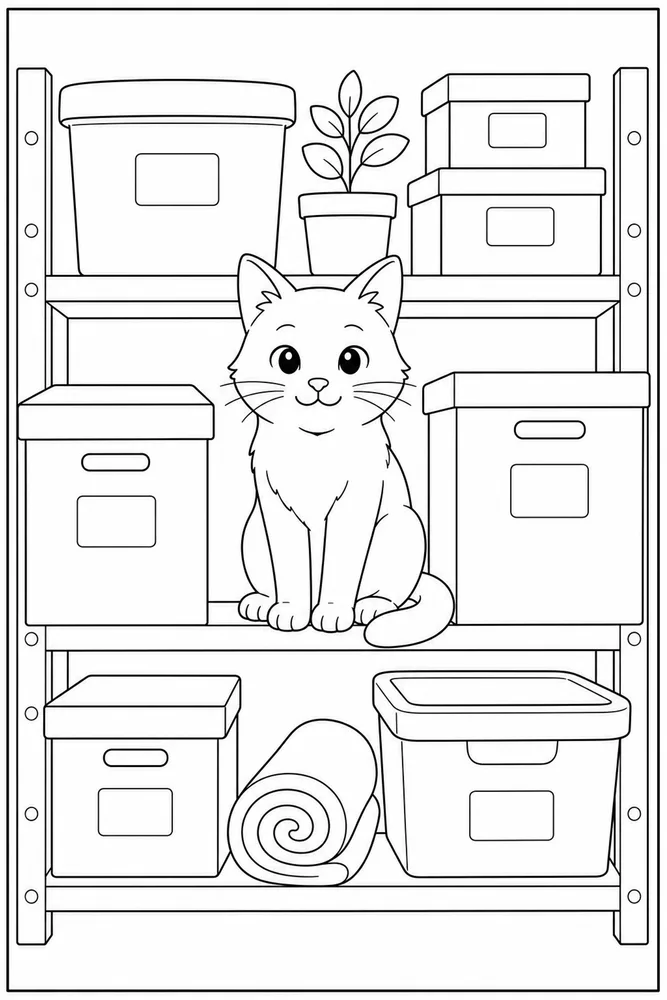 Cat between cardboard cartons on a shelf coloring page