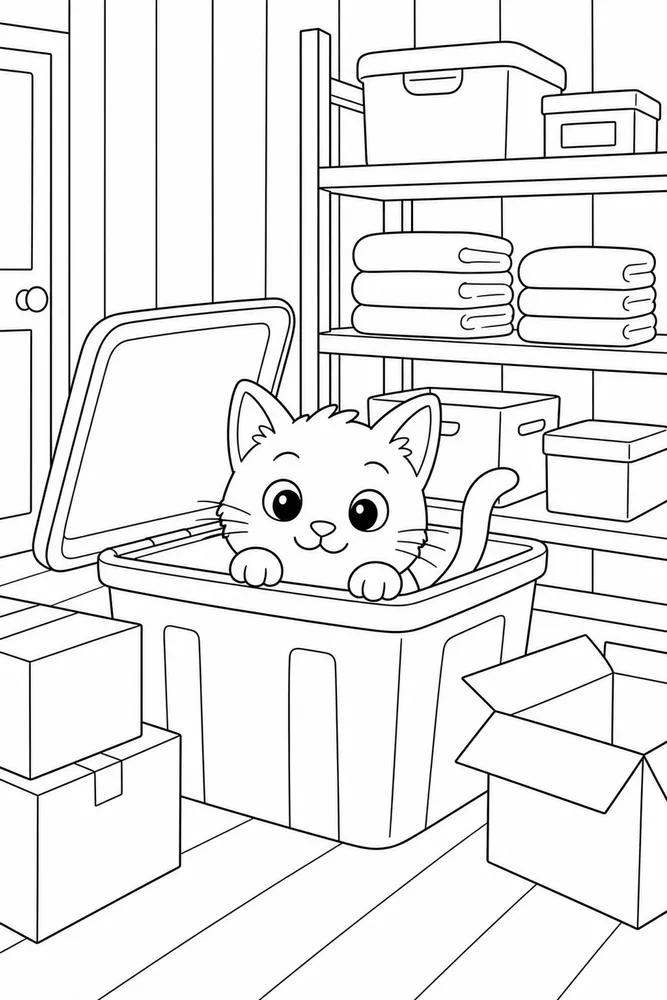 Cat peeking from a storage bin beside boxes coloring page