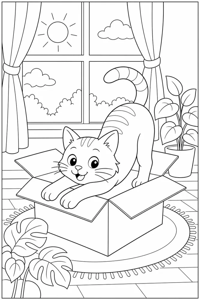 Cat stretching in a sunny cardboard carton coloring page