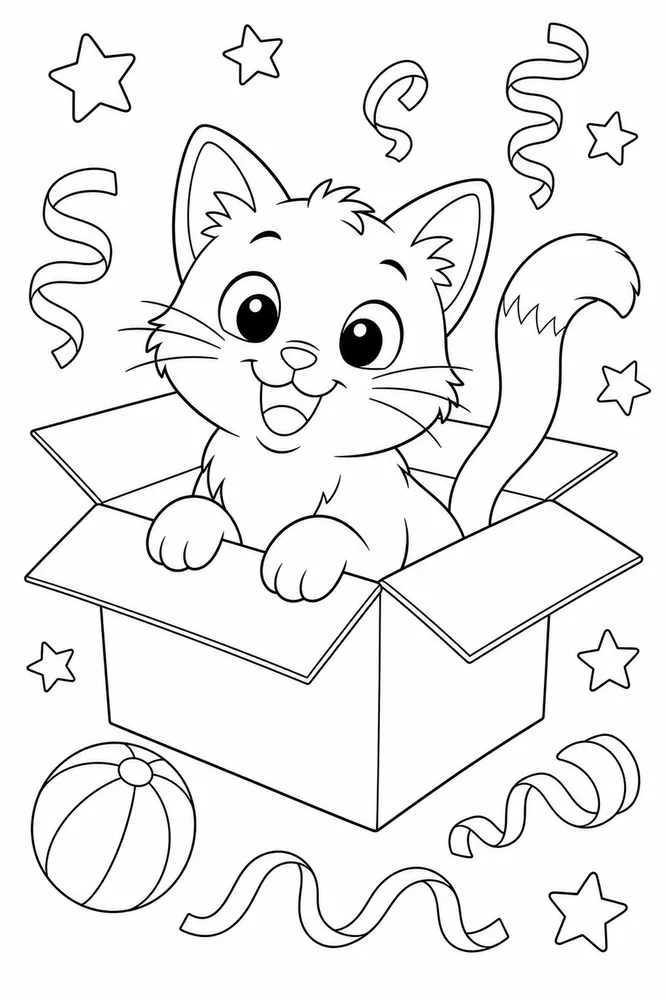 Cat popping out of a cardboard box coloring page