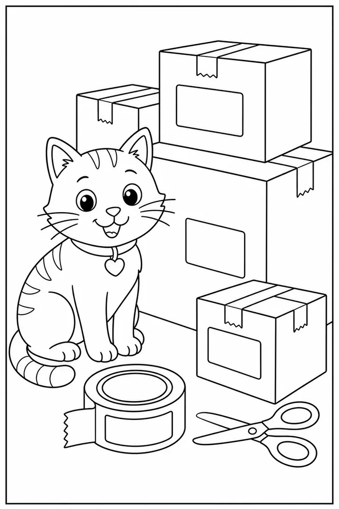 Cat beside a tape roll and cardboard boxes coloring page
