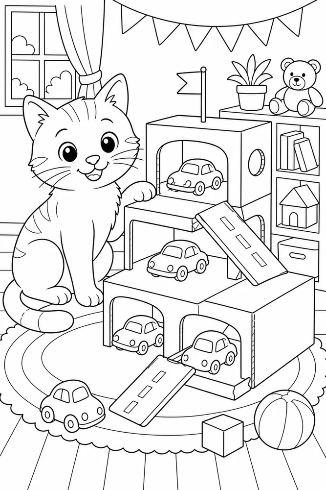 Cat beside a cardboard toy car garage coloring page