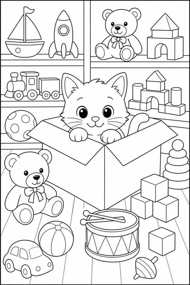 Cat hiding in a toy shop box coloring page
