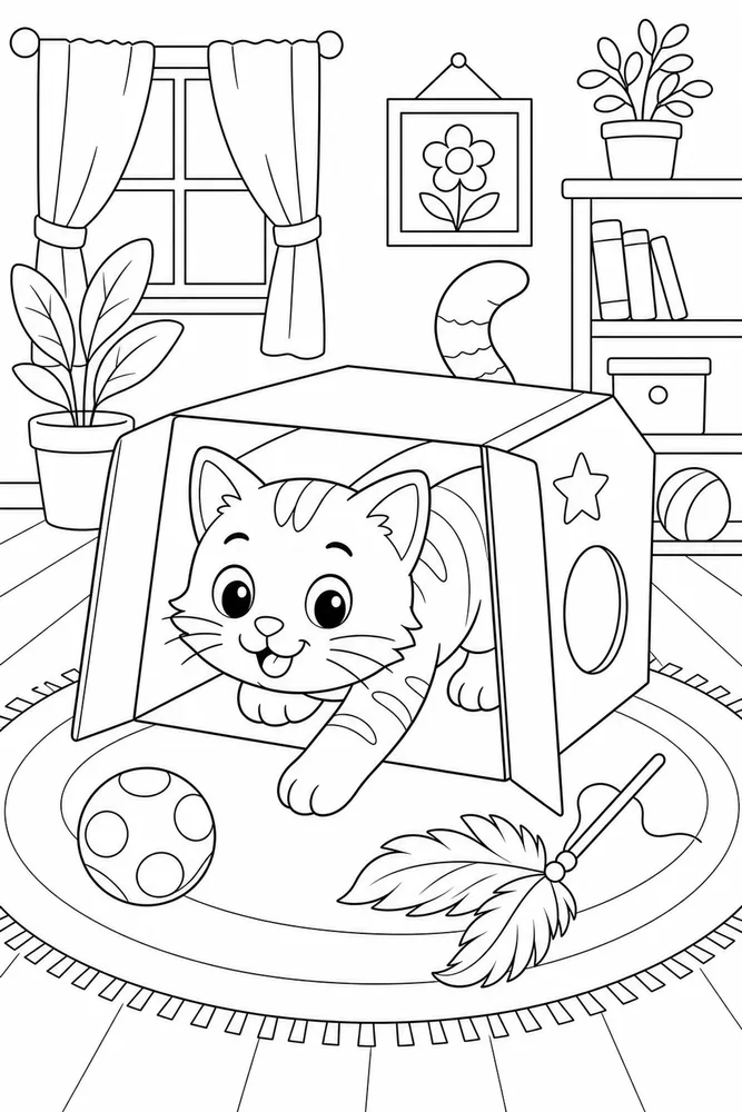 Cat crawling through a cardboard tunnel coloring page