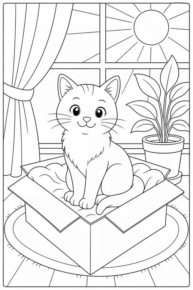 Cat in a cardboard box bed beside a window coloring page