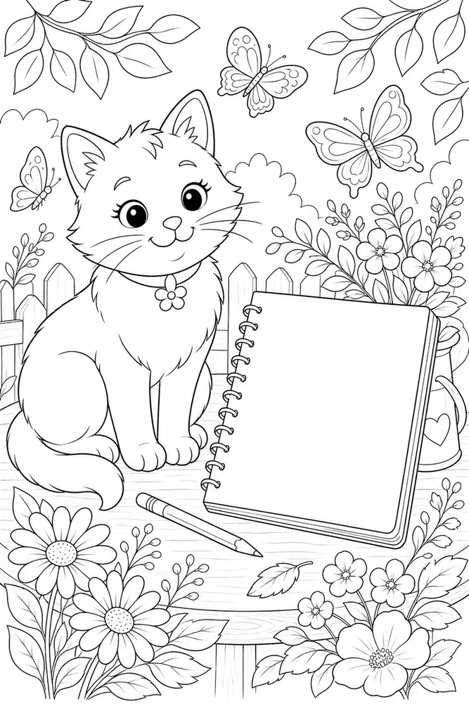 Cat beside a blank nature journal with butterflies coloring page