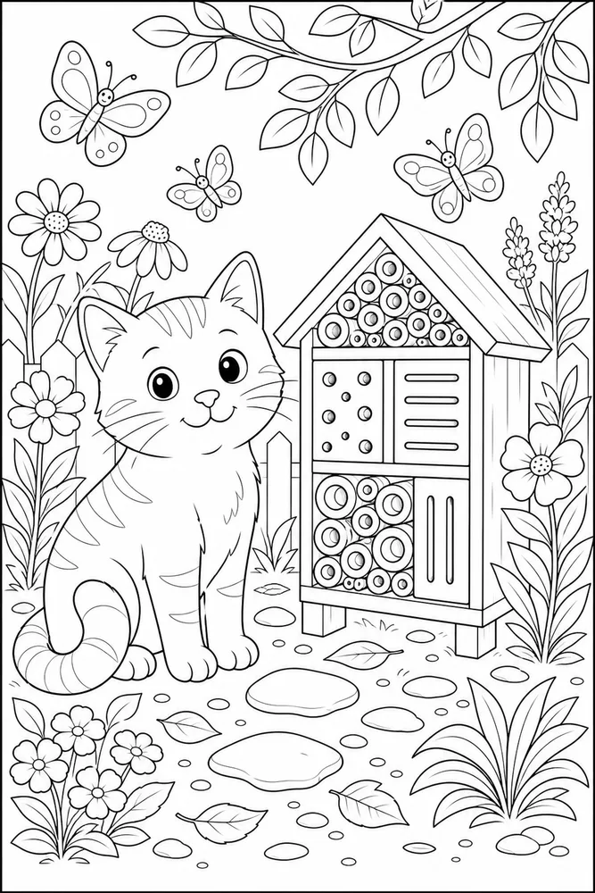 Cat near a garden bug hotel with butterflies coloring page