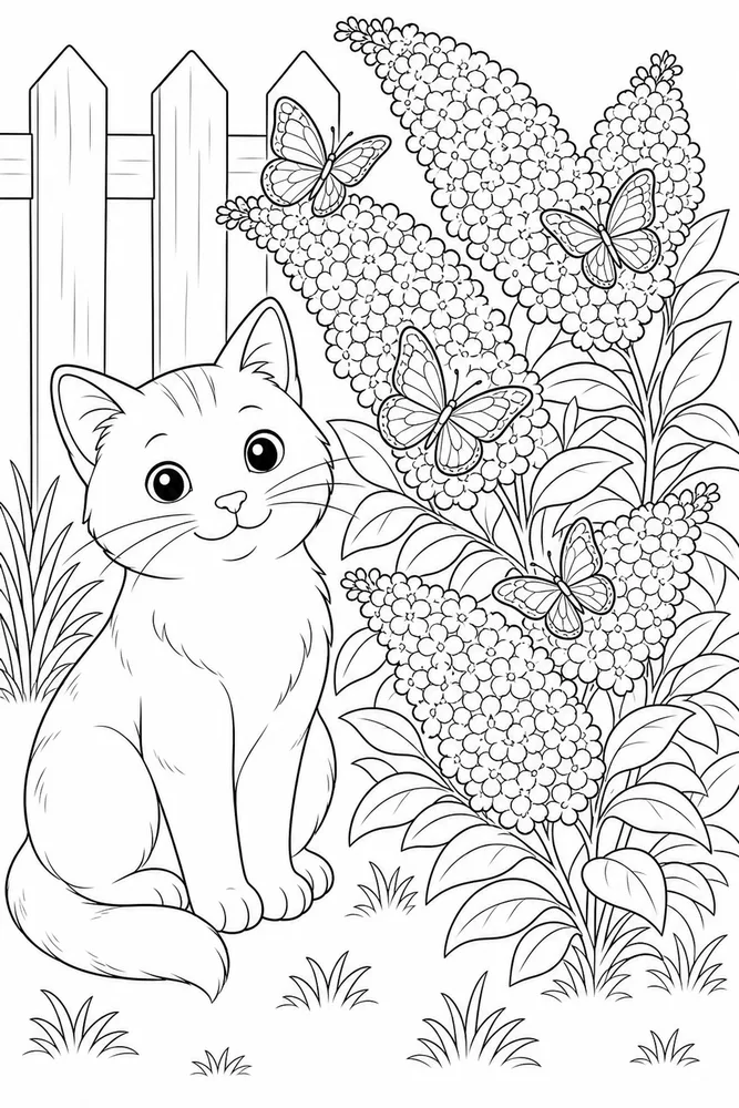 Cat beside a butterfly bush coloring page