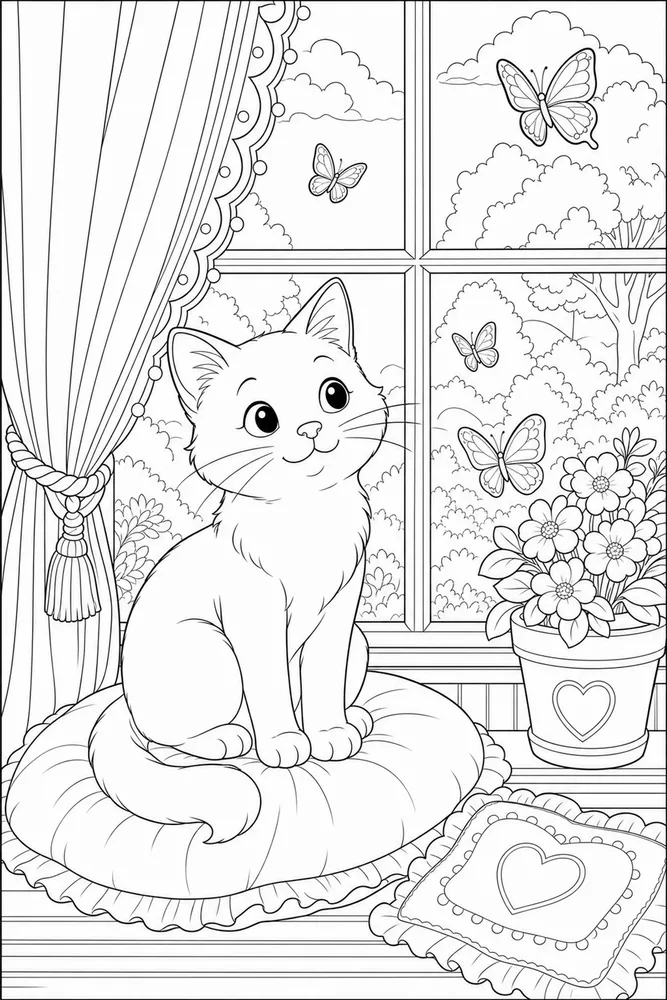 Cat by curtains watching butterflies coloring page