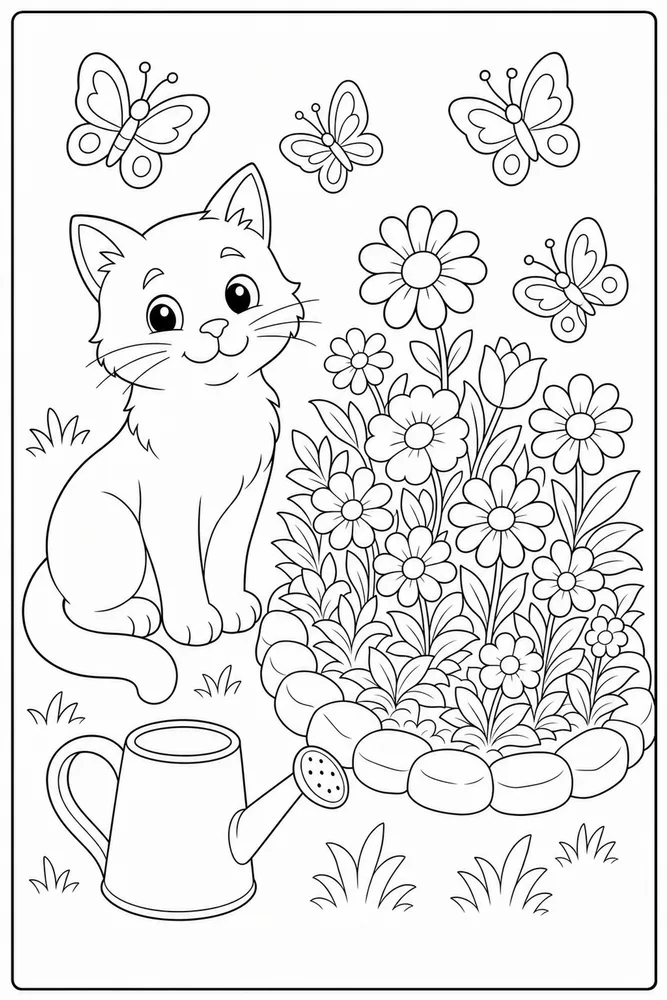 Cat beside a flower bed with butterflies coloring page