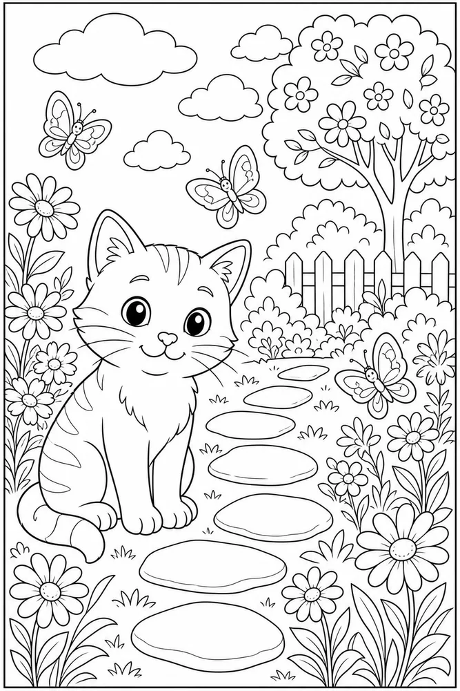 Cat beside a flower path with butterflies coloring page