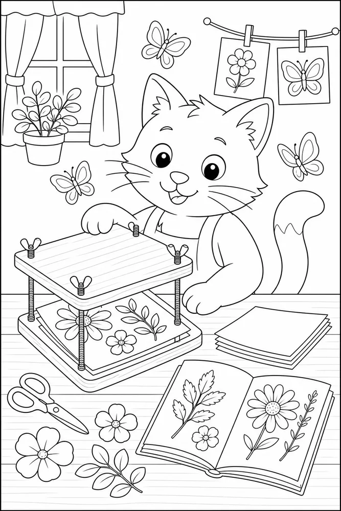 Cat beside a flower press with butterflies coloring page