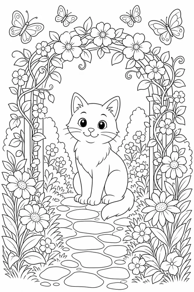 Cat under a flower garden arch with butterflies coloring page