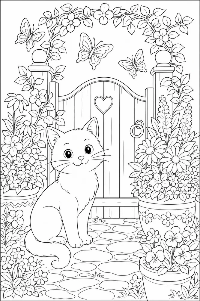 Cat by a garden gate with butterflies coloring page