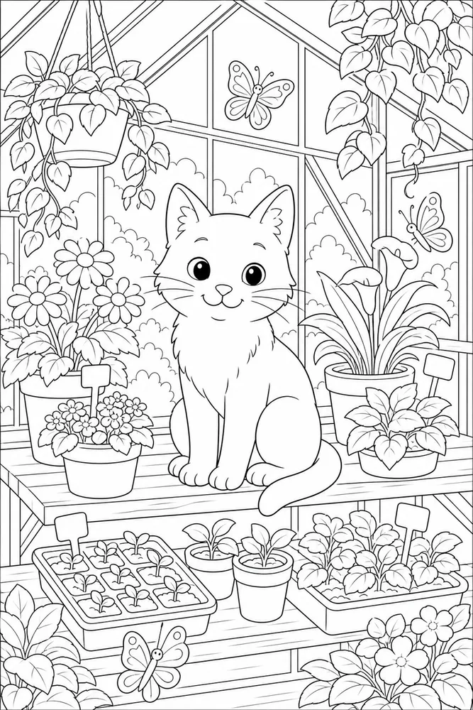 Cat on a greenhouse shelf with butterflies coloring page