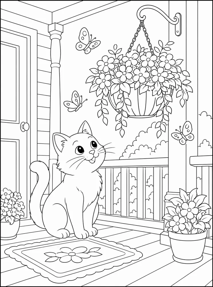Cat looking at a hanging flower basket with butterflies coloring page