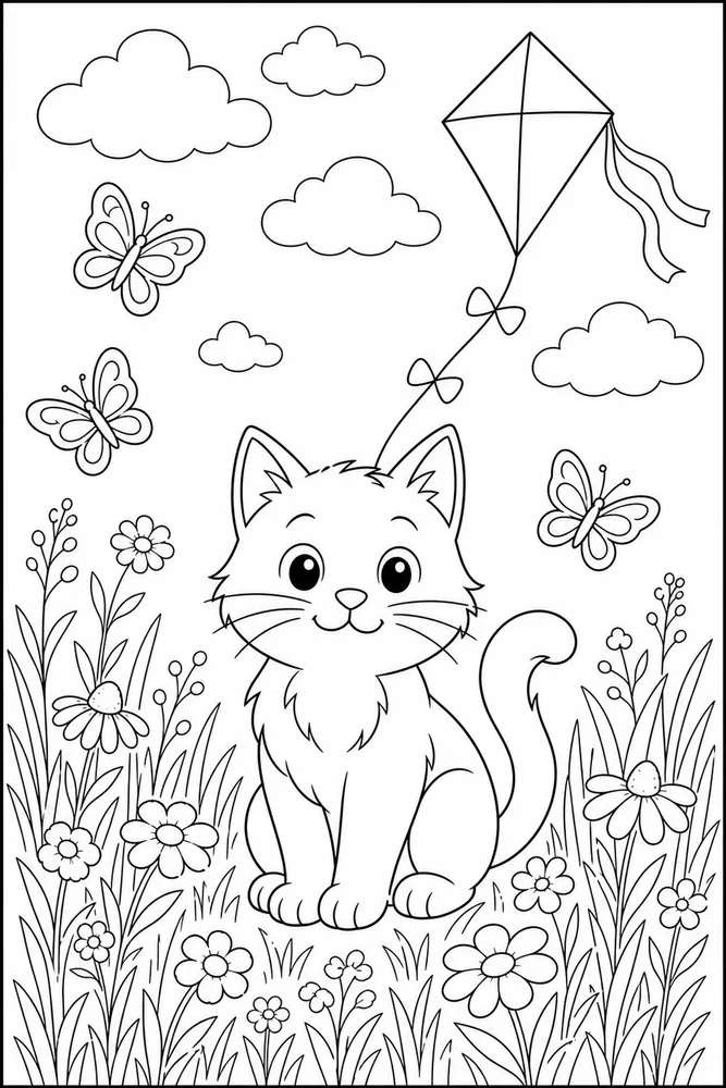 Cat in a spring field with butterflies and a kite coloring page