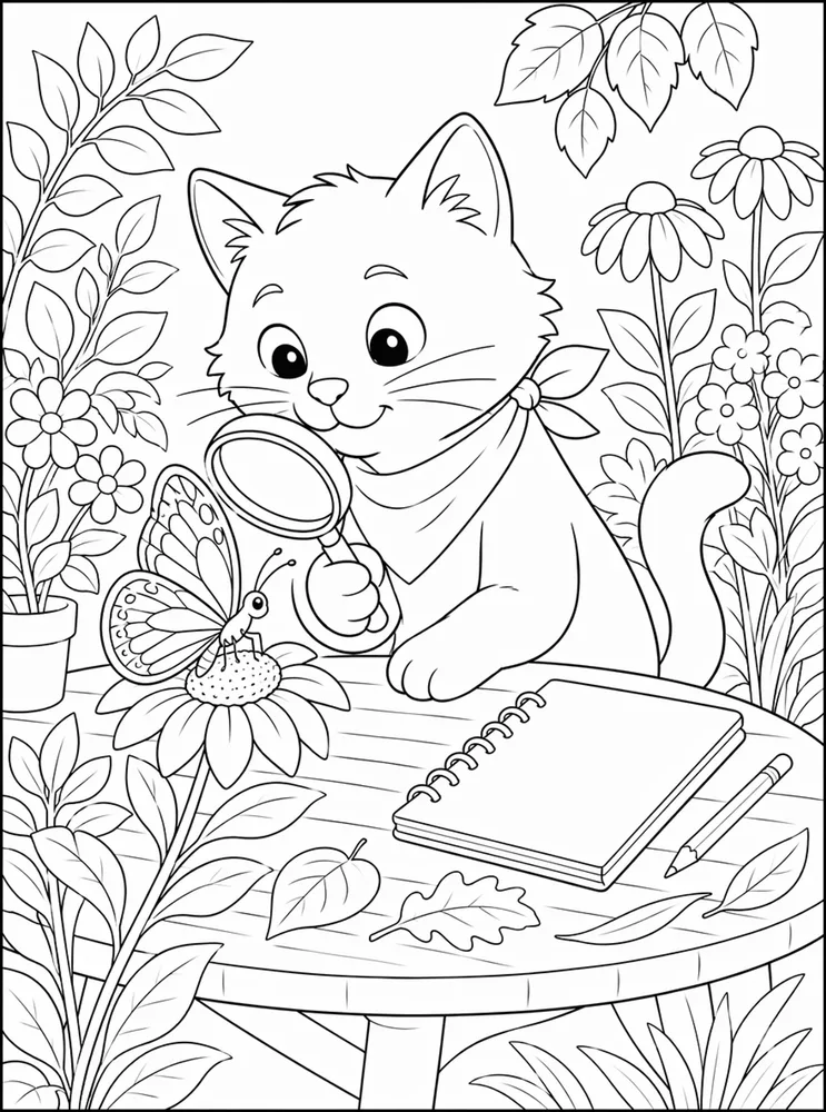 Cat looking at butterflies with a magnifying glass coloring page