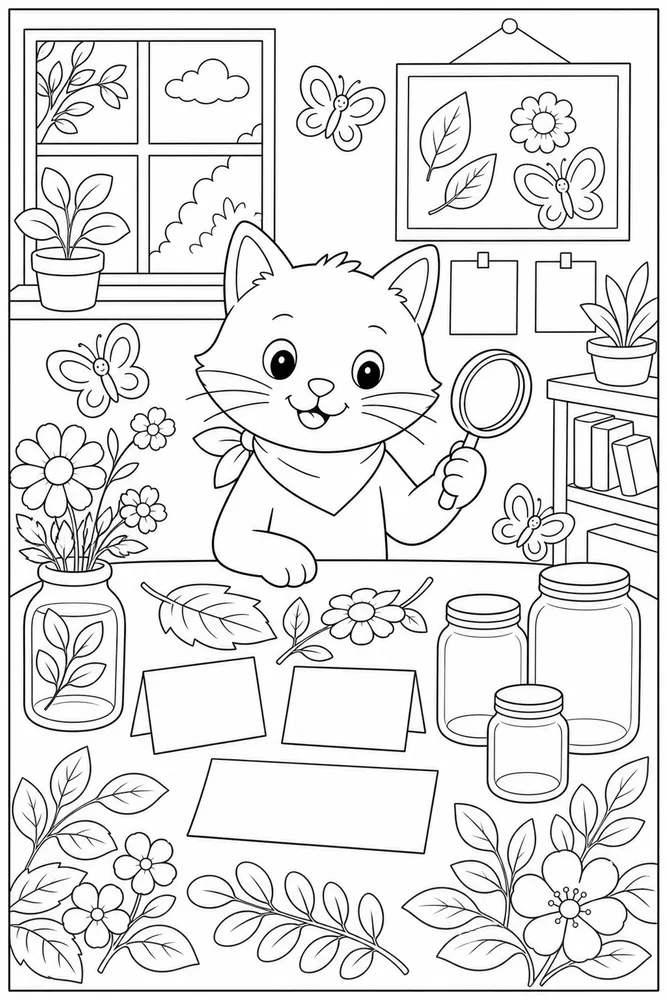 Cat at a nature table with butterflies coloring page