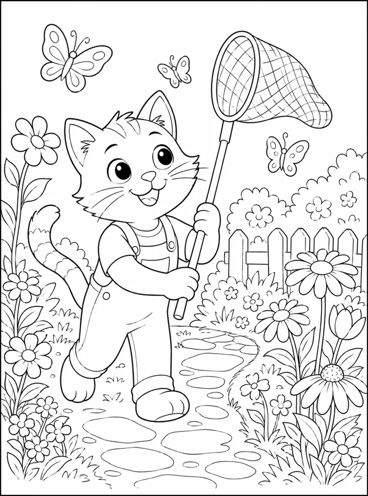 Cat holding a butterfly net beside flowers coloring page