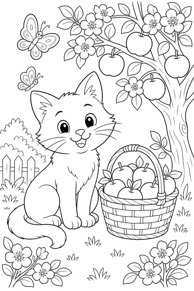 Cat beside an orchard basket with butterflies coloring page