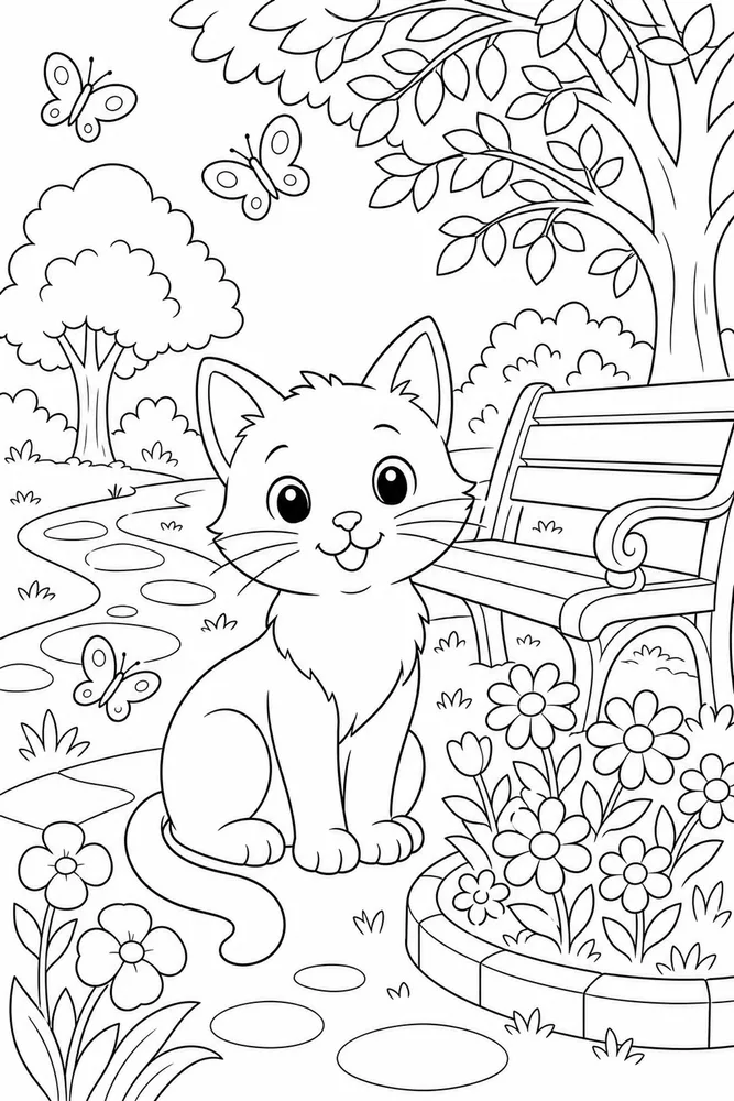 Cat near a park bench with butterflies coloring page