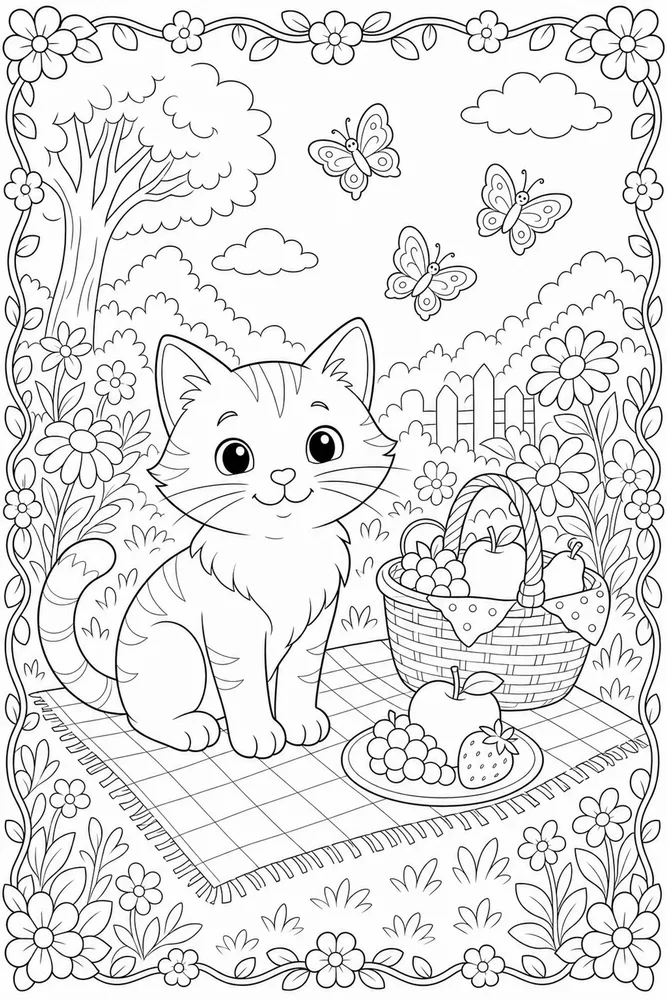 Cat on a picnic blanket with butterflies coloring page
