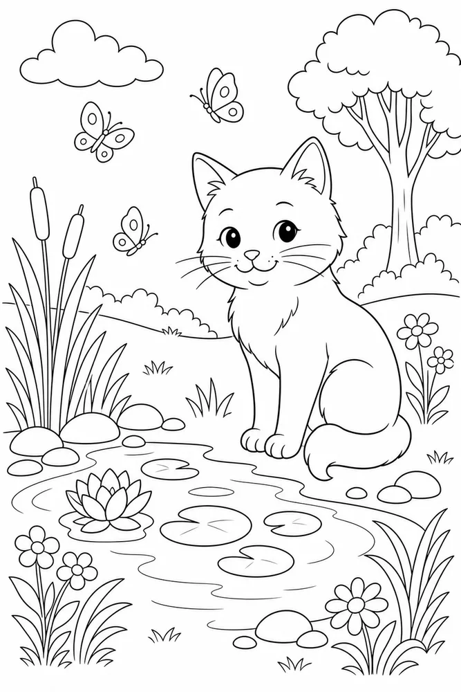 Cat by a pond with butterflies coloring page