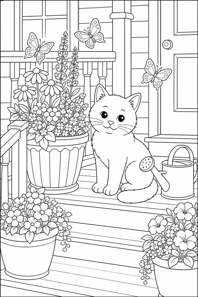 Cat beside porch planters with butterflies coloring page