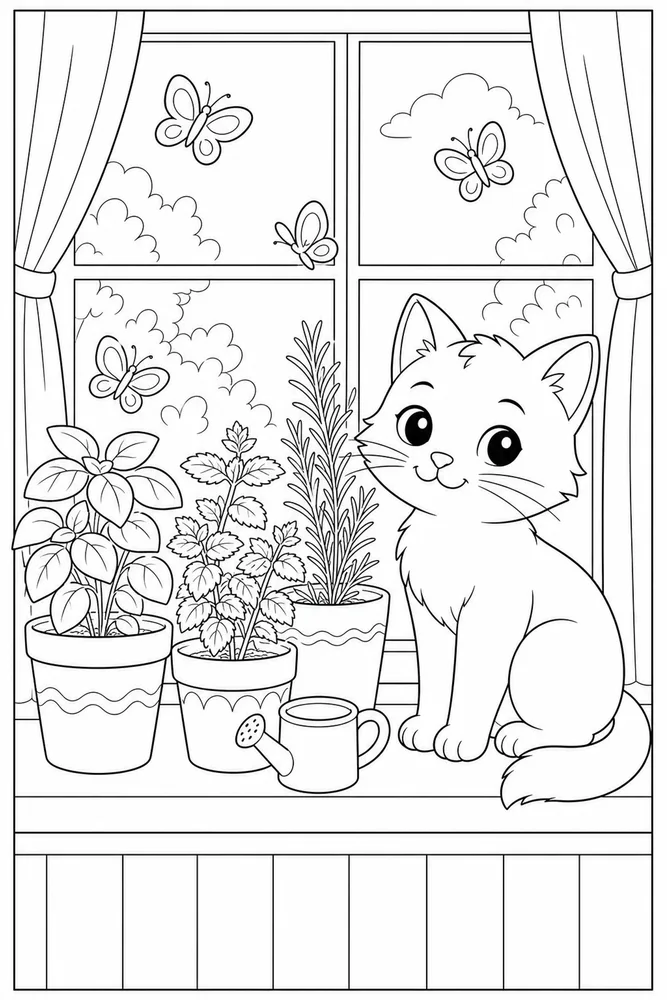 Cat beside potted herbs and butterflies coloring page