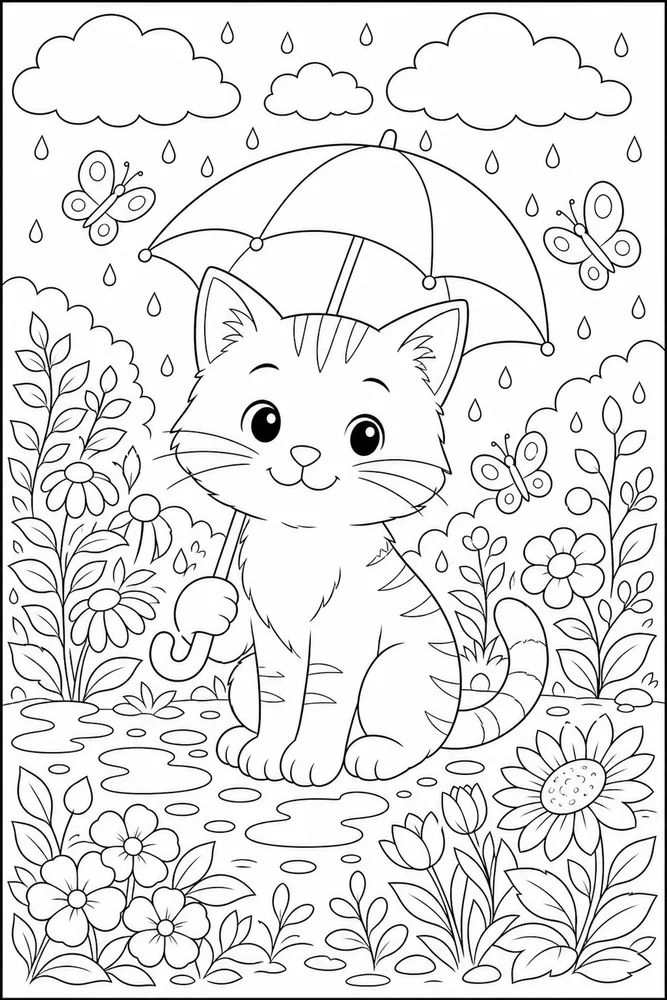 Cat in a rain garden with butterflies coloring page