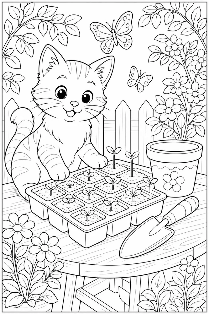 Cat beside a seed tray with butterflies coloring page