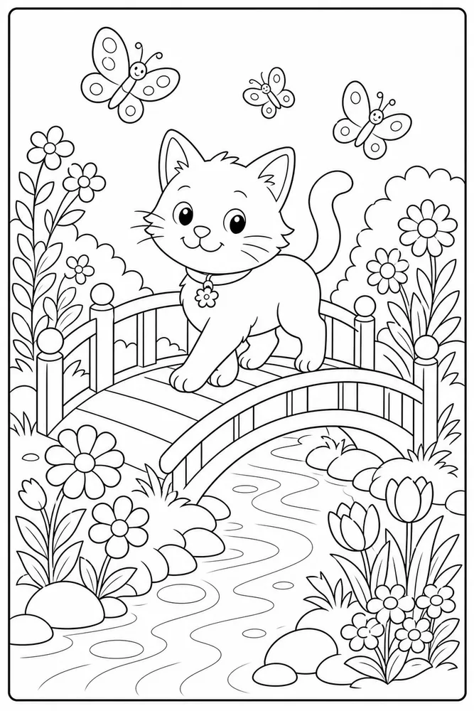 Cat crossing a small garden bridge with butterflies coloring page