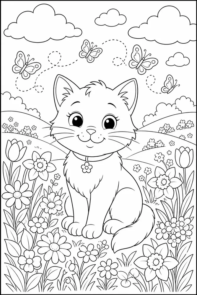 Cat under spring clouds with butterflies coloring page