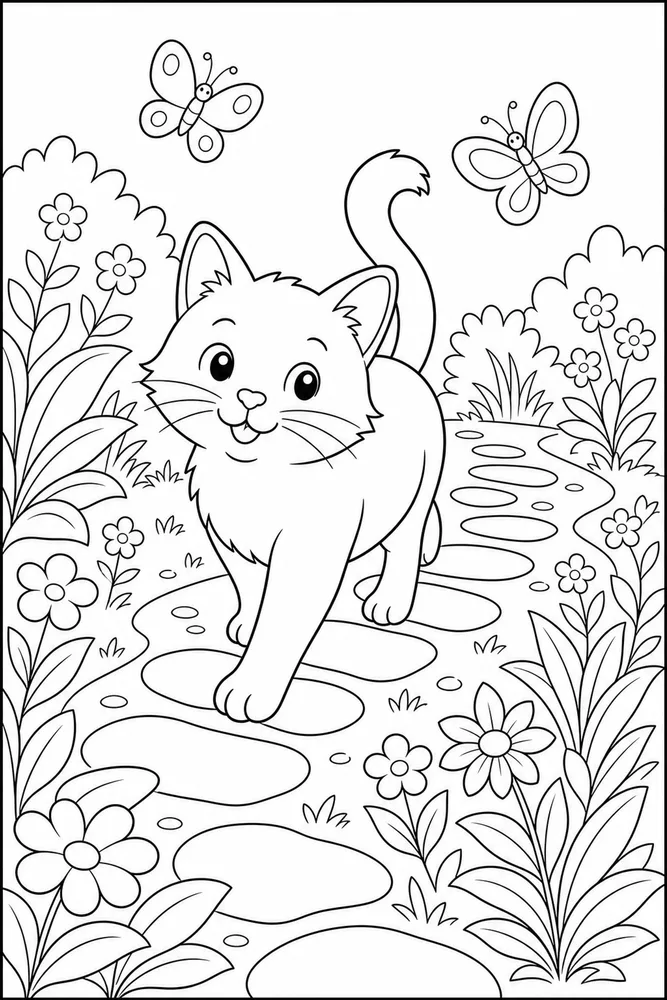 Cat walking on stepping stones with butterflies coloring page