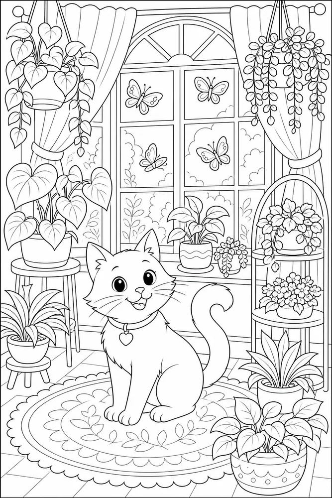 Cat in a sunroom with plants and butterflies coloring page