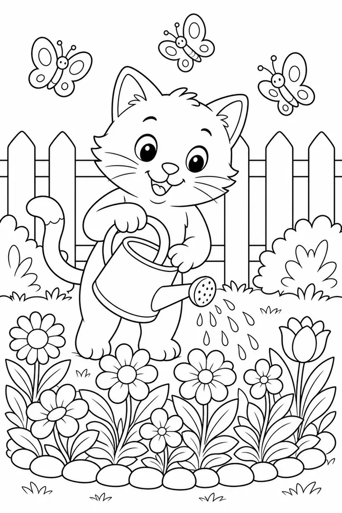 Cat watering flowers with butterflies coloring page