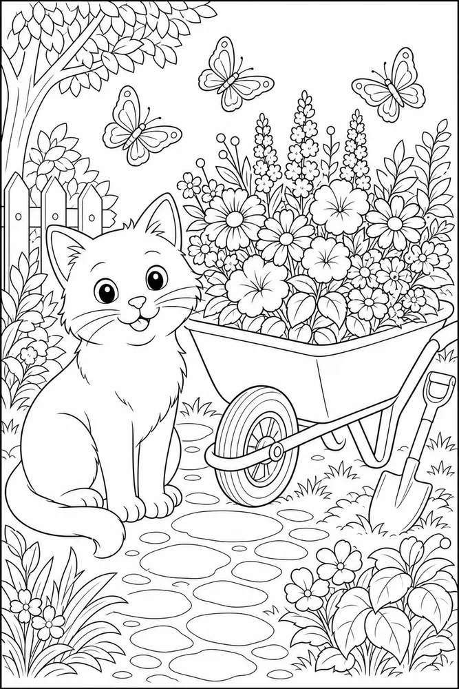Cat beside a wheelbarrow of flowers with butterflies coloring page